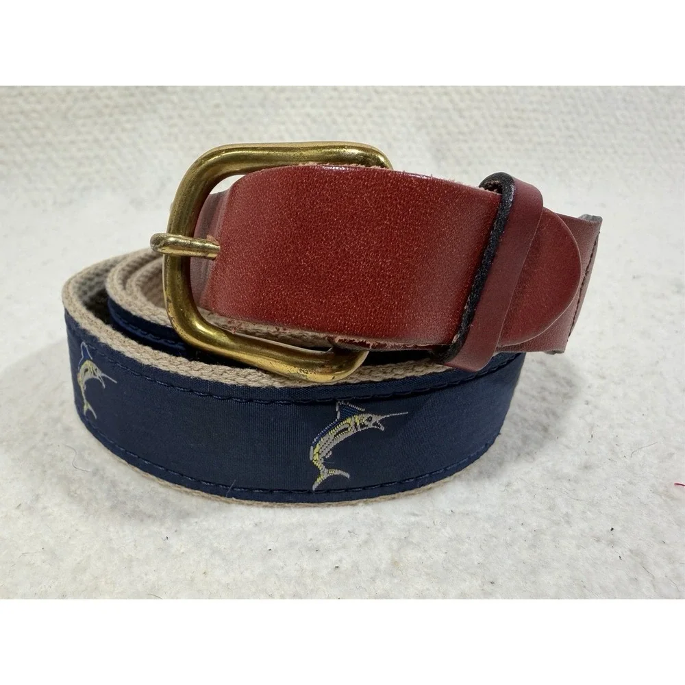 Vintage Marlin Needlepoint Belt Leather Brass Buckle Nautical Coastal Preppy 46
